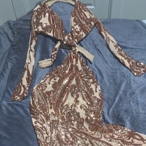 Beautiful Long  formal  low back cut out Gold sequence gown